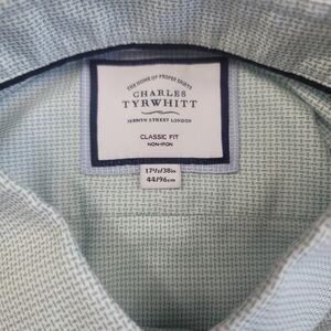 Charles Tyrwhitt Dress Shirt 17.5/44 Sky Blue Non-Iron Checked Light Academia